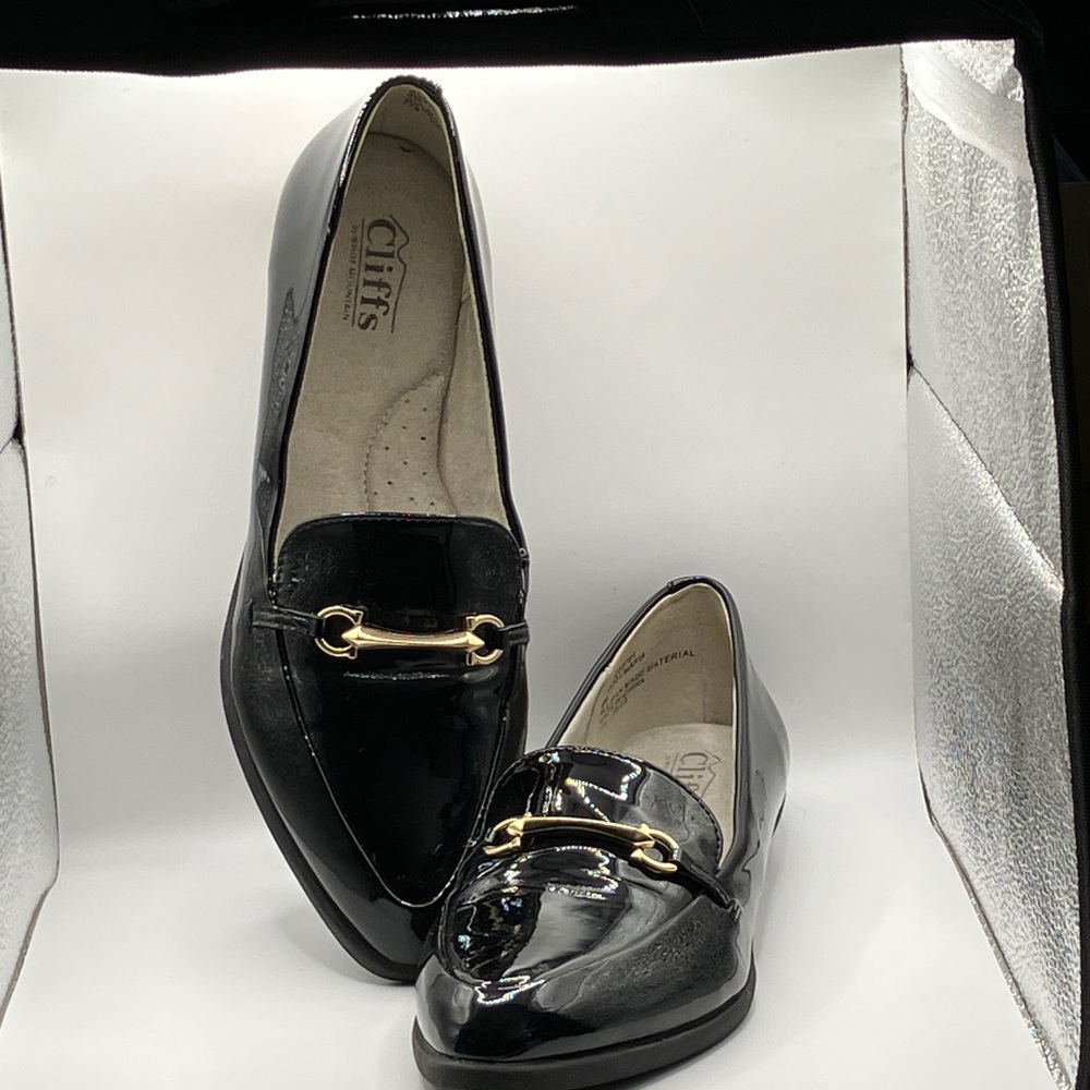 Cliffs by White Mountain Shiny Black Loafers with Gold Accent